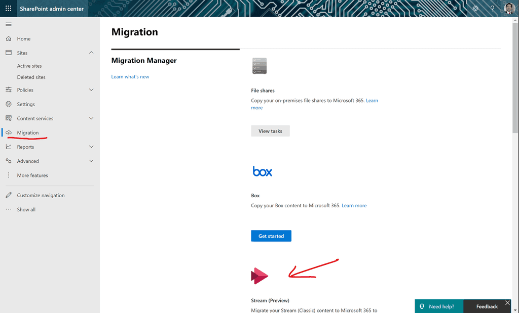Imagen 2.- Accediendo a la herramienta de migración desde el Admin Center SPO.