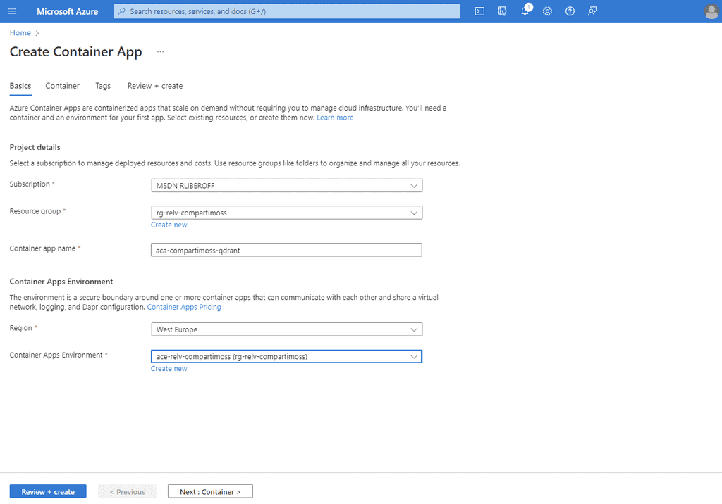 Imagen 8.- Configuración de la imagen de Qdrant para el Azure Container App.