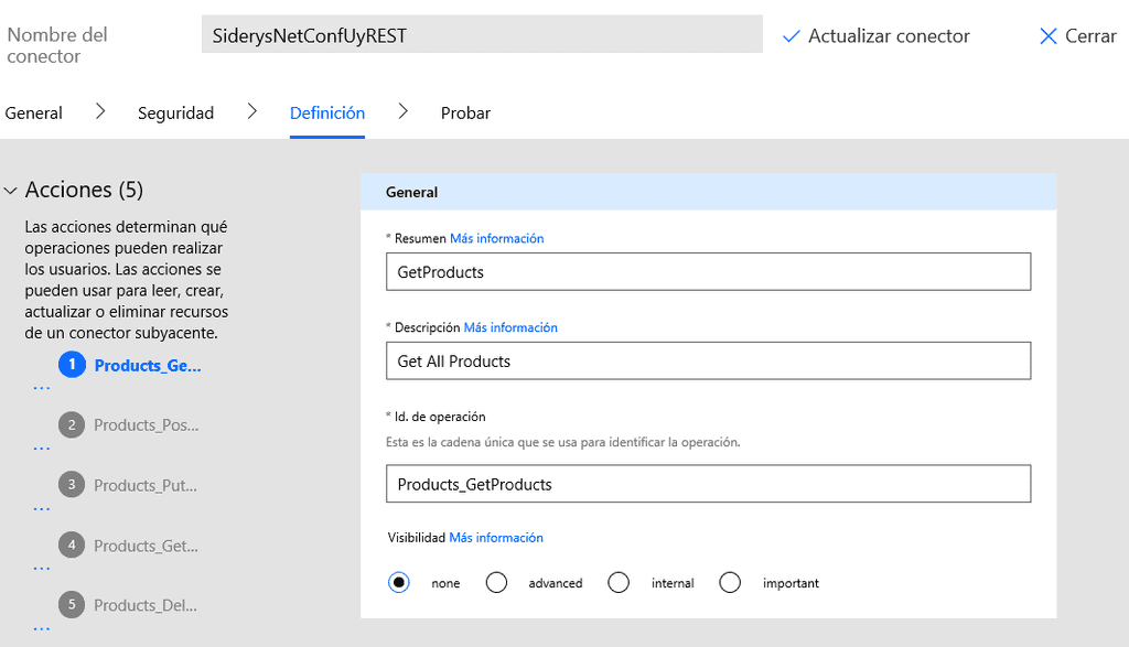 Imagen 6.- Operaciones definidas en un conector personalizado.