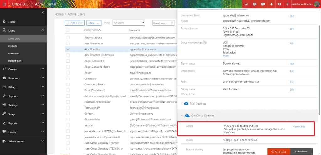 Imagen 1.- Sección de configuración de OneDrive en el panel de detalle del usuario.