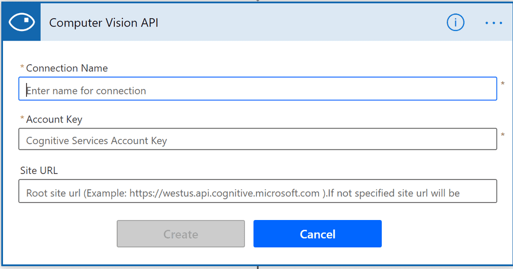 Imagen 15.- Parámetros de configuración de conexión a Computer Vision API.