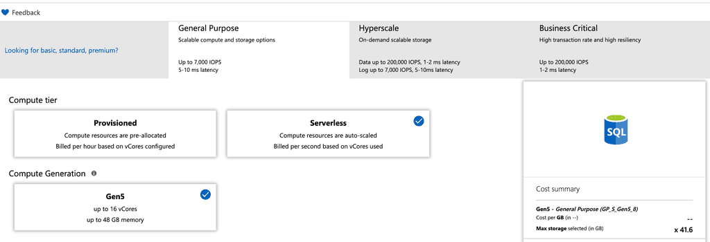 Imagen 2.-Creación de una BD SQL Azure Serveless.