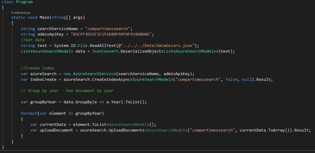 Imagen 4.- Consola en .Net Core para crear y subir el índice.