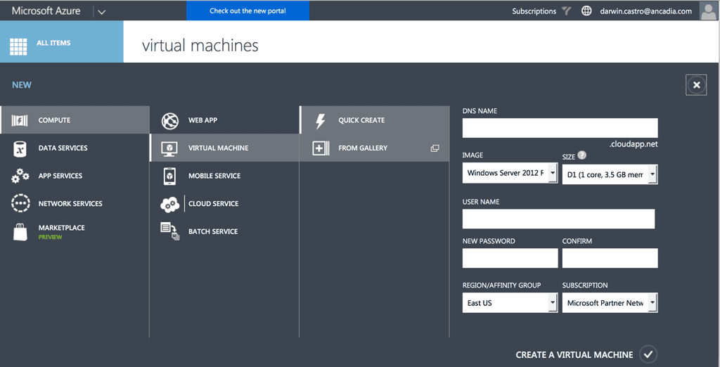 Imagen 2.- Creación de la máquina virtual desde la Galería de máquinas virtuales de Azure.