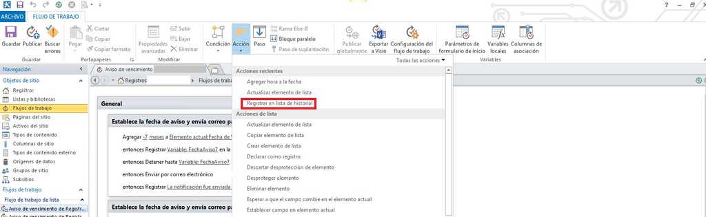 Acción “Registrar en lista de historial”.