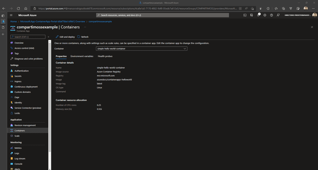 Imagen 7. Configuración contenedores de la instancia Container Apps en el portal de Azure