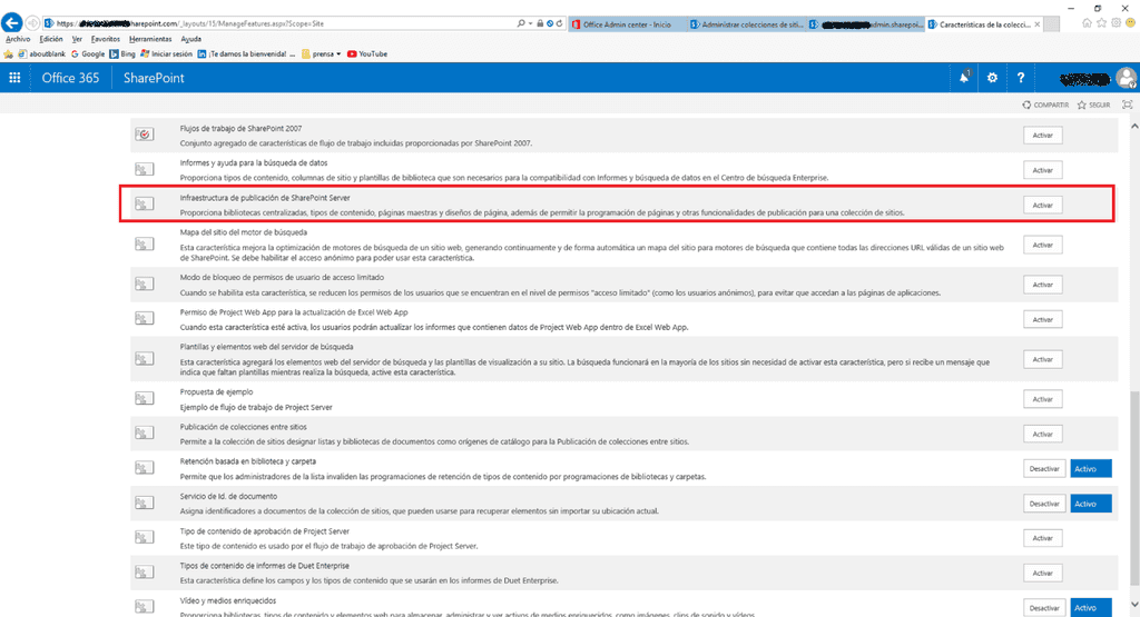 Imagen 3.- Característica de Infraestructura de publicación de SharePoint Server.