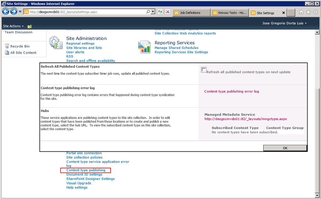 Configuración de la publicación de los tipos de contenido