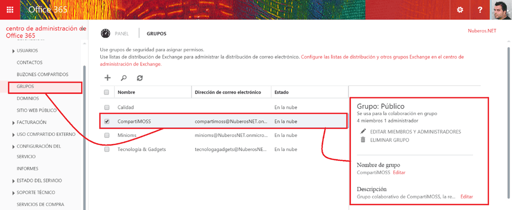 Imagen 3.- Detalle de un Grupo desde el portal de Administración de Office 365.