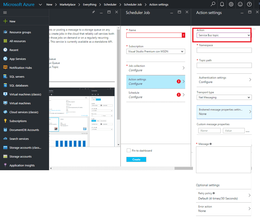 Imagen 6.- Job con tipo de acción Service Bus topic
