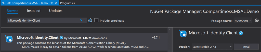 Imagen 2.- Paquete NuGet de MSAL.