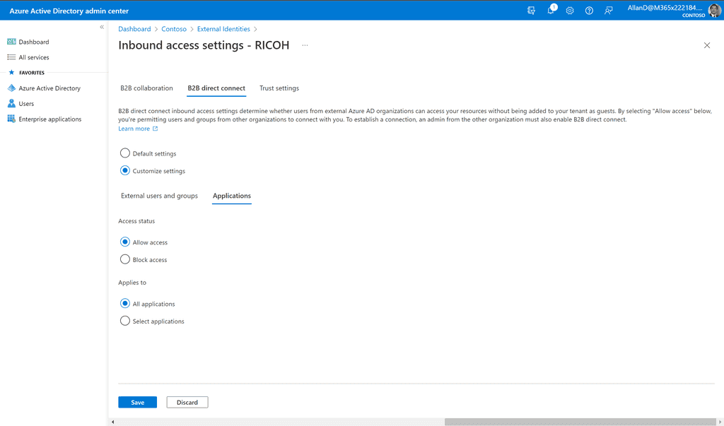 Imagen 11.- Configuración de aplicaciones permitidas para la colaboración externa entrante.