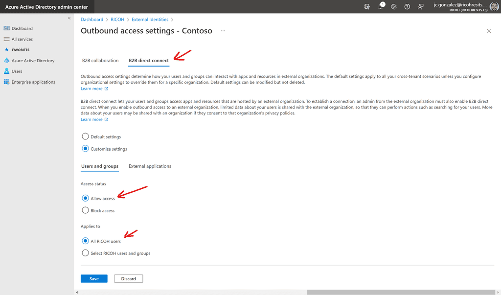 Imagen 14.- Configuración de Azure B2B direct connect para colaboración externa saliente (Outbound).