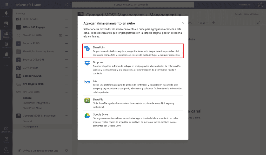Imagen 7.- Agregar almacenamiento en nube a un canal de Teams.