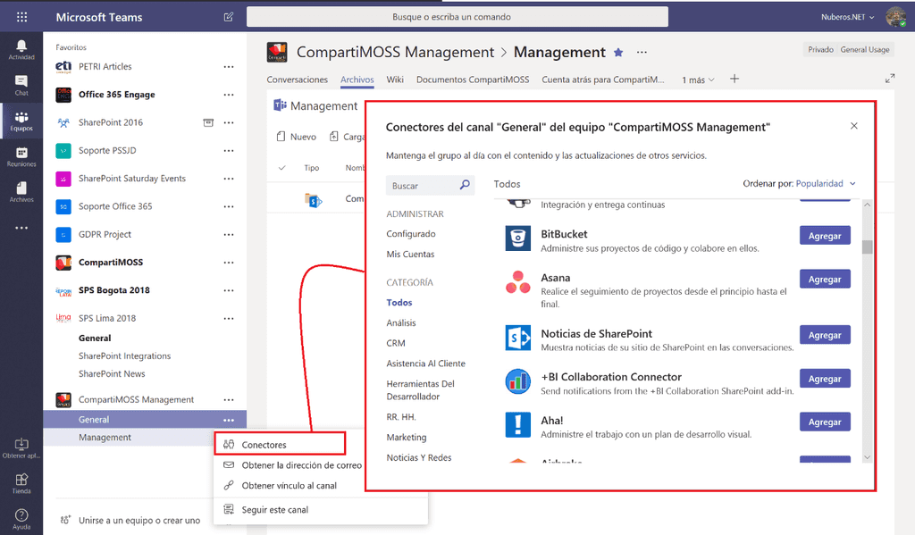 Imagen 9.- Agregando un conector a un canal de Microsoft Teams.